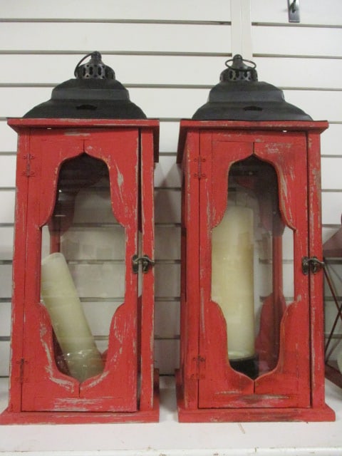 Distressed Red Wood & Glass Candle Lanterns (1 of 3)
