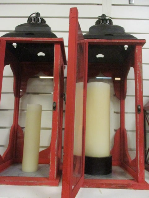 Distressed Red Wood & Glass Candle Lanterns - 2