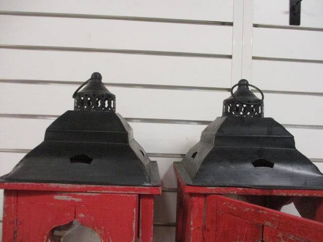 Distressed Red Wood & Glass Candle Lanterns - 3