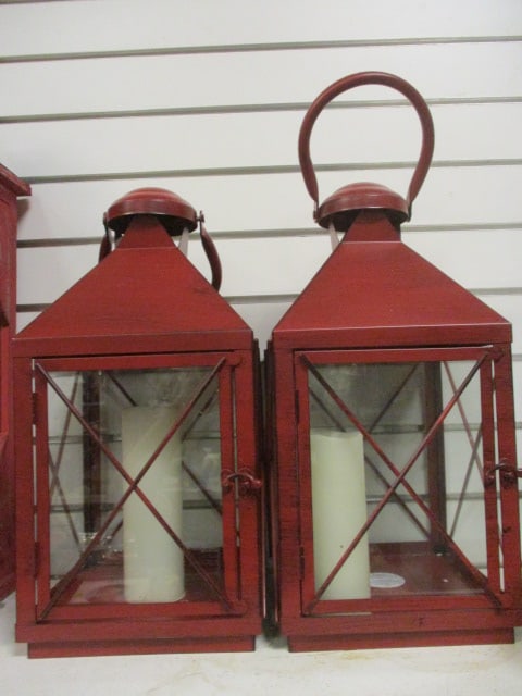 Distressed Red Metal & Glass Candle Lanterns: 7 1/2 x 7 1/2 x 20