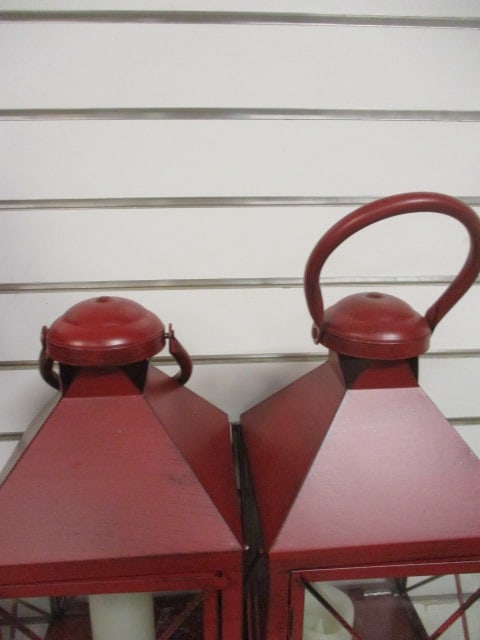 Distressed Red Metal & Glass Candle Lanterns - 3