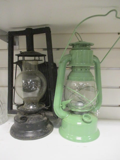 Green Hurricane Lantern 12" & Vtg. Dietz Inspectors Lantern 13": .