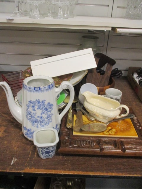 Partial Table Lot-Pitcher,Serving Utensils, Plates, Bowls, Wood Shelf, etc.: .