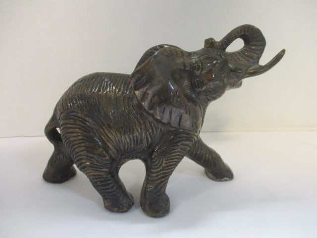 Cast Brass or Bronze Toned Elephant Figurine w/raised Trunk - 2
