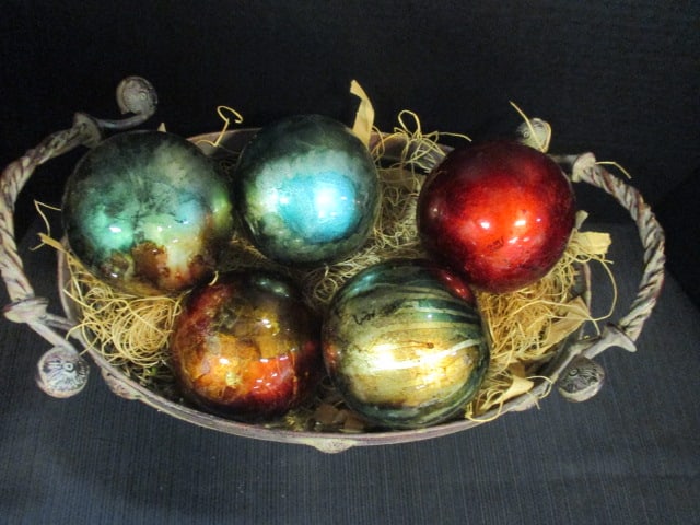 Decorative Metal Basket (15 x 9 x 8) w/Colorful Glass Orbs - 2