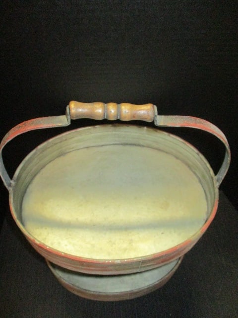 Rustic Red Oval 2 Tier Tin Tray w/Wood Handle - 2