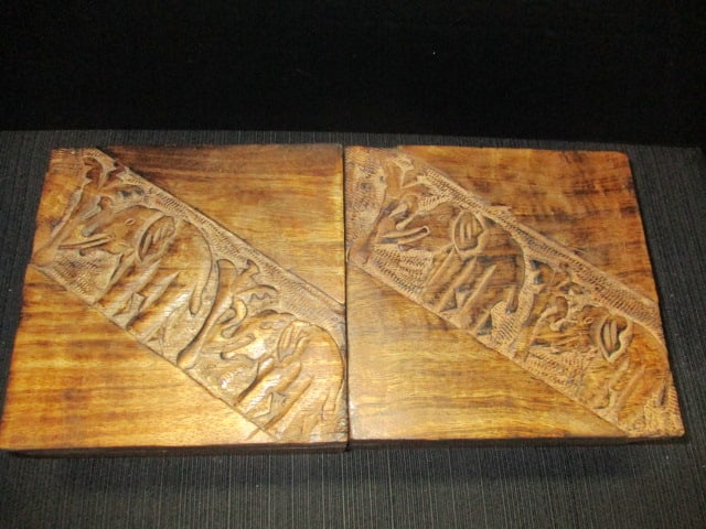 2 Handcarved Elephant Wood Trinket Boxes: 7 x 7 x 3 1/2