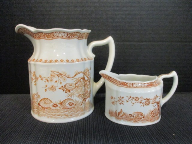 Furnivals 'Quail Brown' Transferware 6" Pitcher, 3" Creamer: .