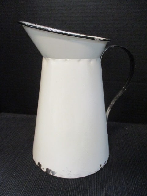 White Enameled Metal Pitcher: 10"