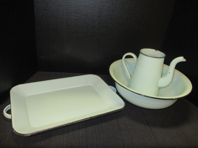 Pale Green Enamelware Pitcher, Bowl & Tray: .