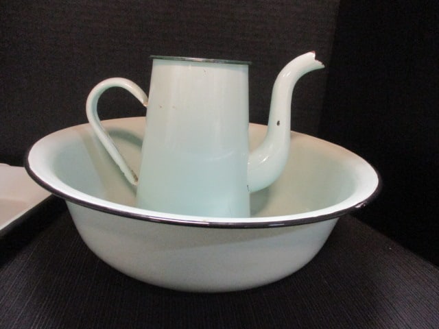 Pale Green Enamelware Pitcher, Bowl & Tray - 3