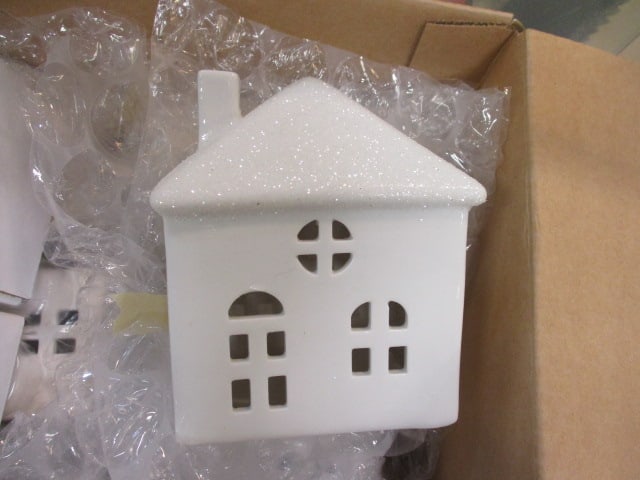 White Ceramic Village w/Box of new tea lites, & Tabletop - 3