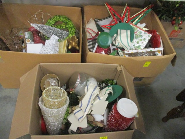 3 Boxes Christmas Decorations-Greenery, Napkins, Plates, Ribbon, etc.: .