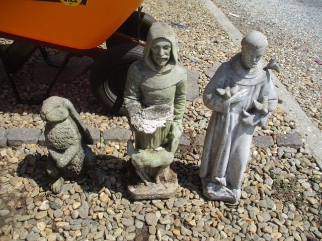 2 Concrete Garden Statues St. Francis of Assisi & Rabbit: Rabbie has broken foot & St. Francis w/Deer is damaged