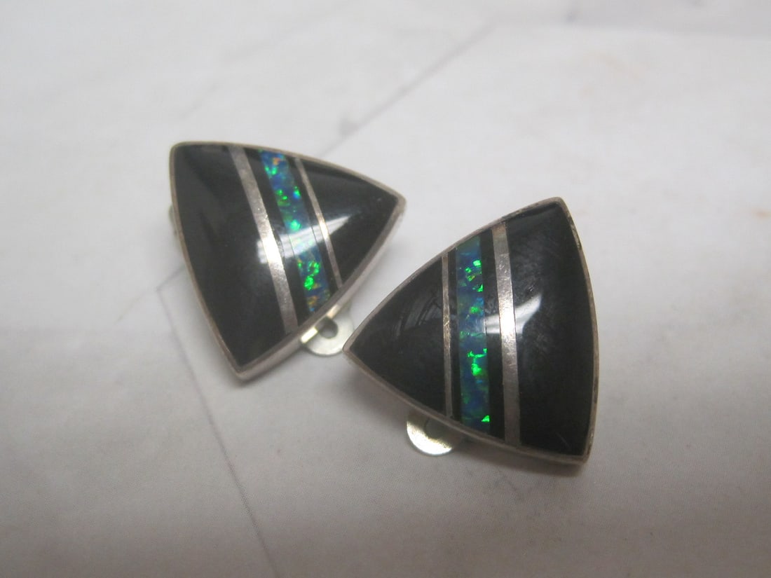 Sterling Silver Navajo Onyx & Opal Clip Earrings: Weighs 6.6 grams, Signed MTT