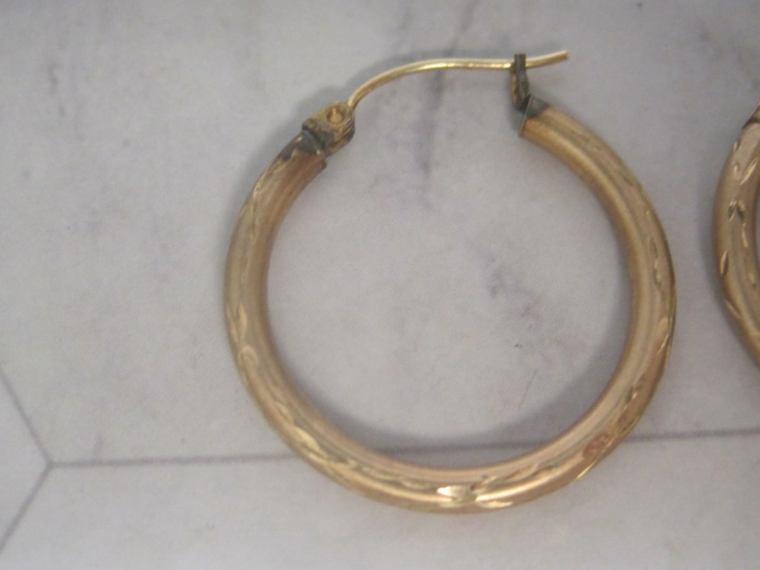 10k Gold Etched Hoop Earrings - 2