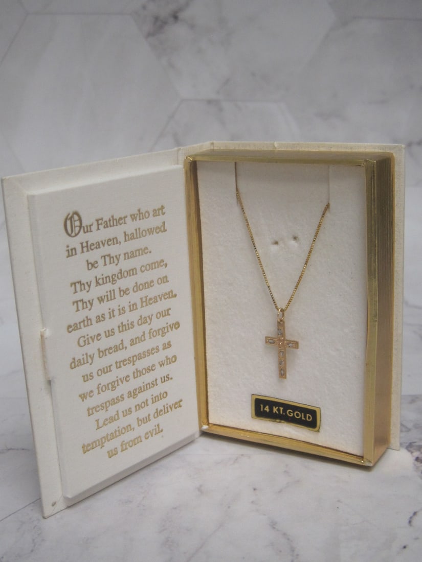 14k Gold Cross Pendant on 18" 14k Gold Chain: Weighs 1.4 grams, In Bible gift box