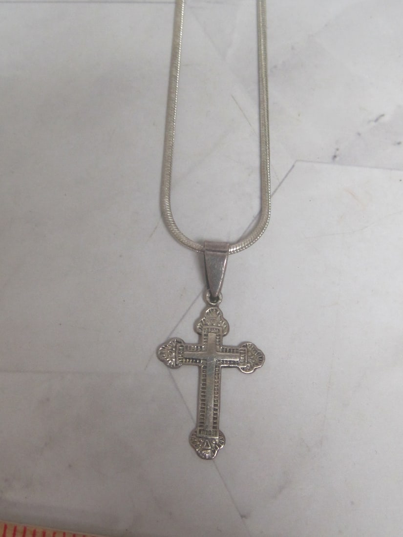 Sterling Silver Cross Pendant on 20" Silvertone Chain: Cross weighs 1.8 grams