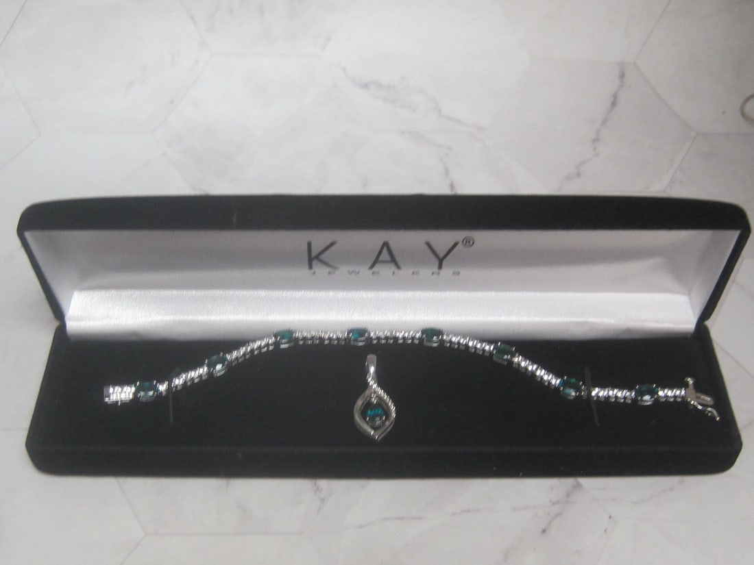 7 1/4" Sterling Silver Bracelet & Pendant with CZ & Green Stones: Weighs 14.3 grams