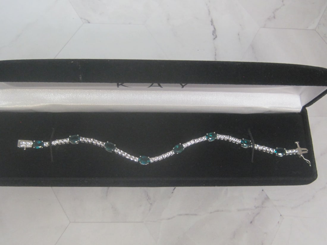 7 1/4" Sterling Silver Bracelet & Pendant with CZ & Green Stones - 6