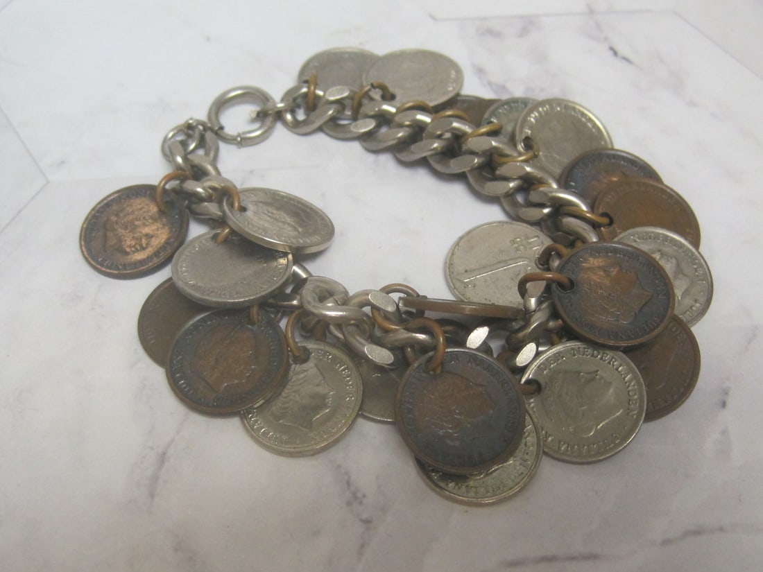 Antique Silvertone Charm Bracelet with 1950's Netherland Coins: 12 are 72% silver