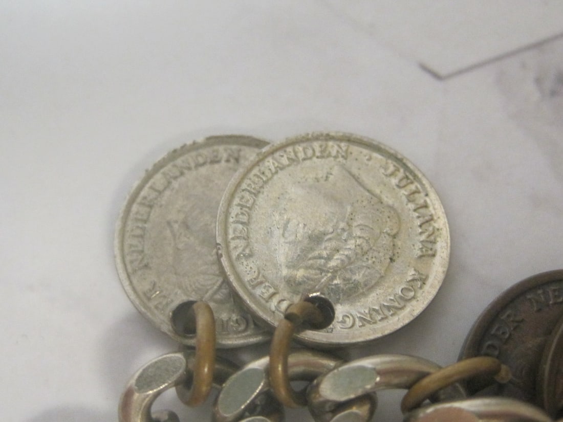 Antique Silvertone Charm Bracelet with 1950's Netherland Coins - 2