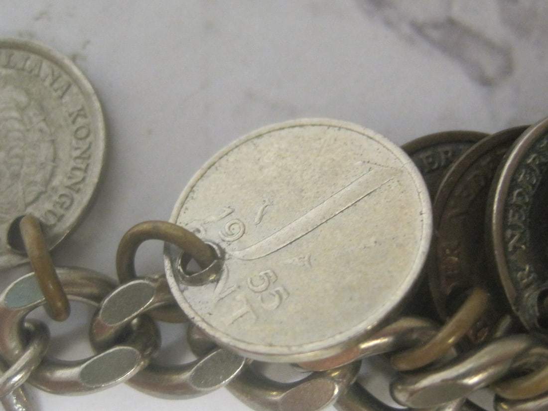 Antique Silvertone Charm Bracelet with 1950's Netherland Coins - 3