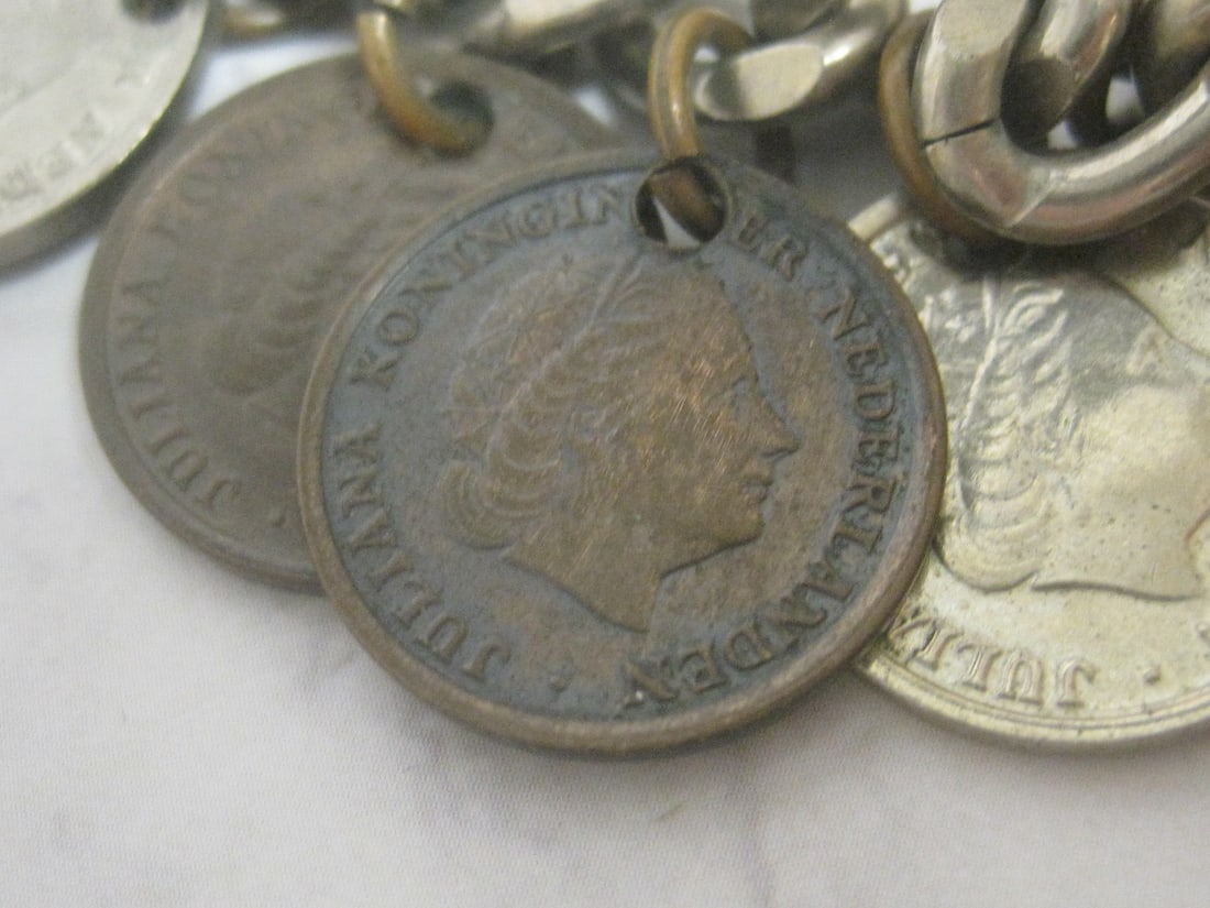 Antique Silvertone Charm Bracelet with 1950's Netherland Coins - 4
