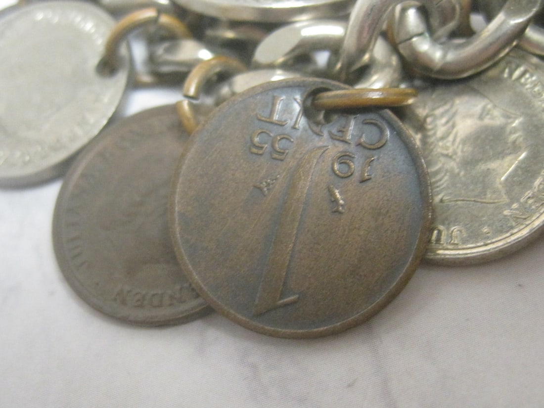 Antique Silvertone Charm Bracelet with 1950's Netherland Coins - 5