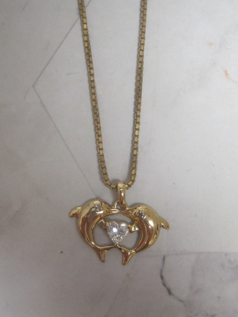 Sterling Silver Vermeil Dolphin Pendant with CZ Stone on 24" Sterling Silver Vermeil Chain: Weighs 7.8 grams