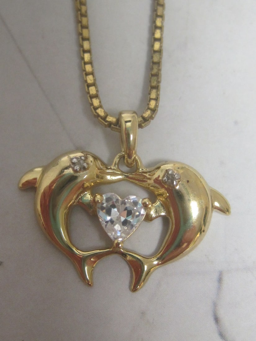 Sterling Silver Vermeil Dolphin Pendant with CZ Stone on 24" Sterling Silver Vermeil Chain - 2