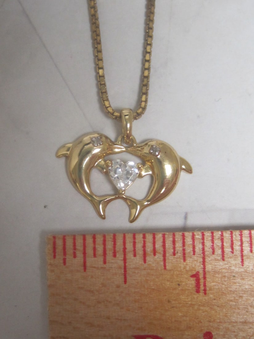Sterling Silver Vermeil Dolphin Pendant with CZ Stone on 24" Sterling Silver Vermeil Chain - 4