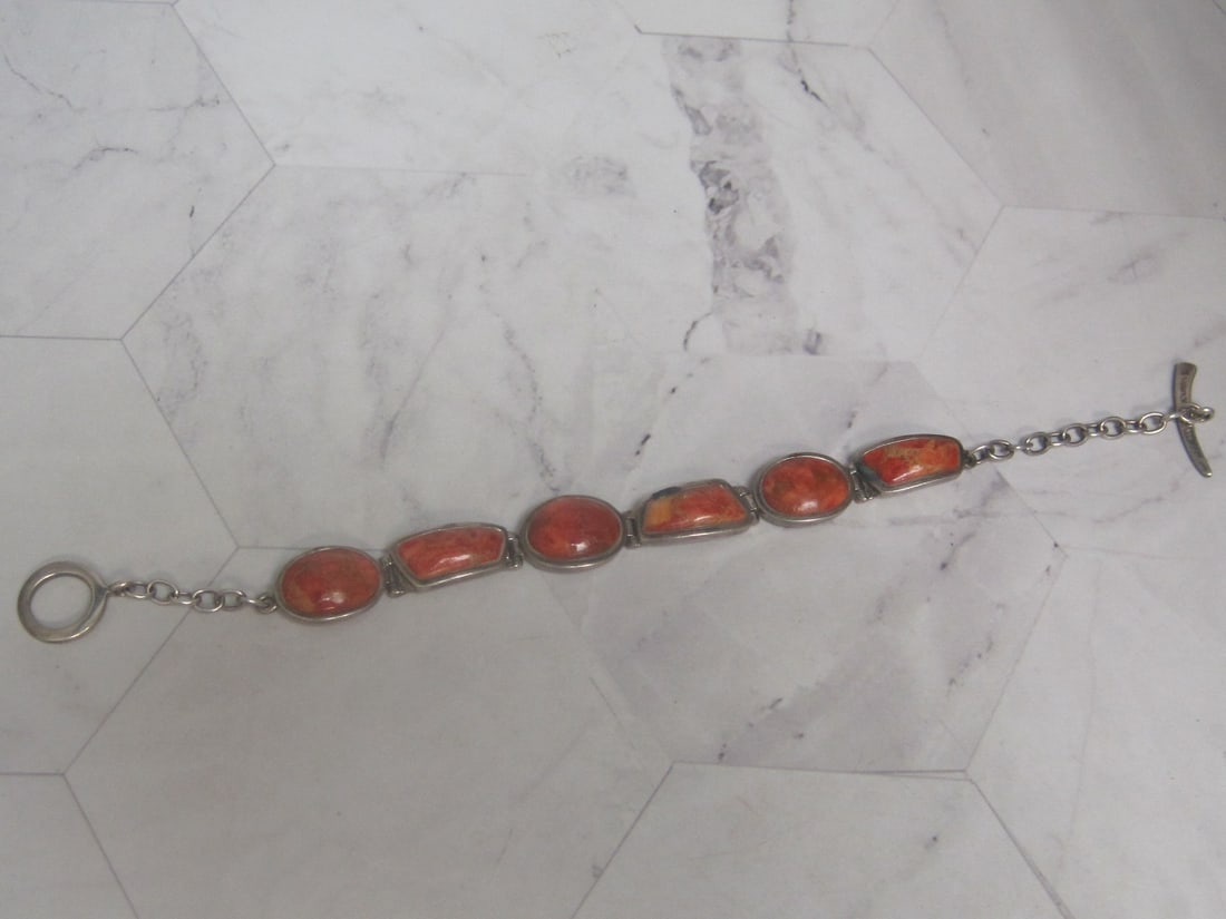 7 1/2" Sterling Silver Barse Bracelet with Orange Stones: Weighs 18.1 grams
