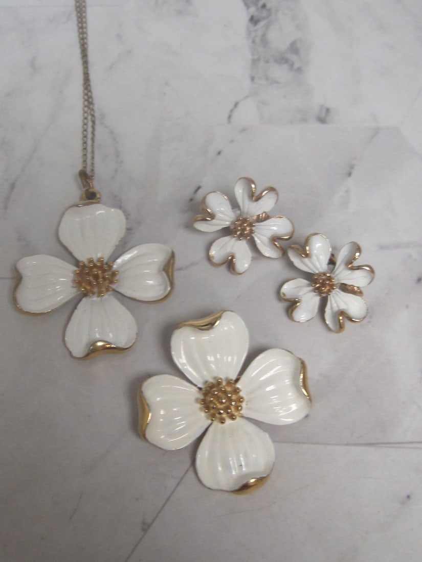 Trifari Dogwood Brooch, Pendant on Gold-Filled Chain, & Clip Earrings (1 of 6)