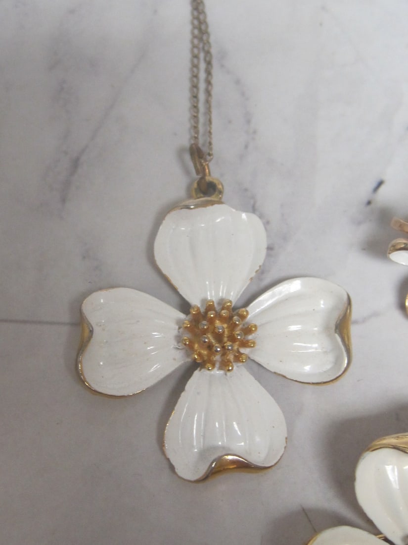 Trifari Dogwood Brooch, Pendant on Gold-Filled Chain, & Clip Earrings - 2