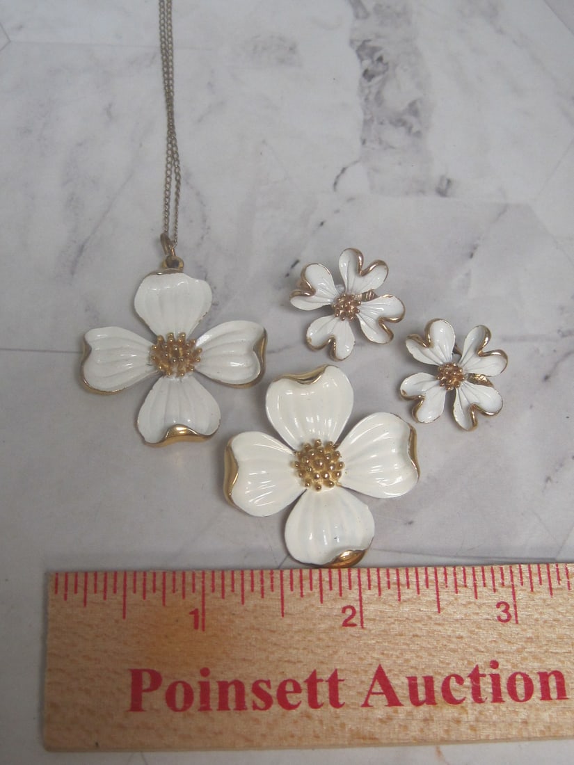 Trifari Dogwood Brooch, Pendant on Gold-Filled Chain, & Clip Earrings - 6