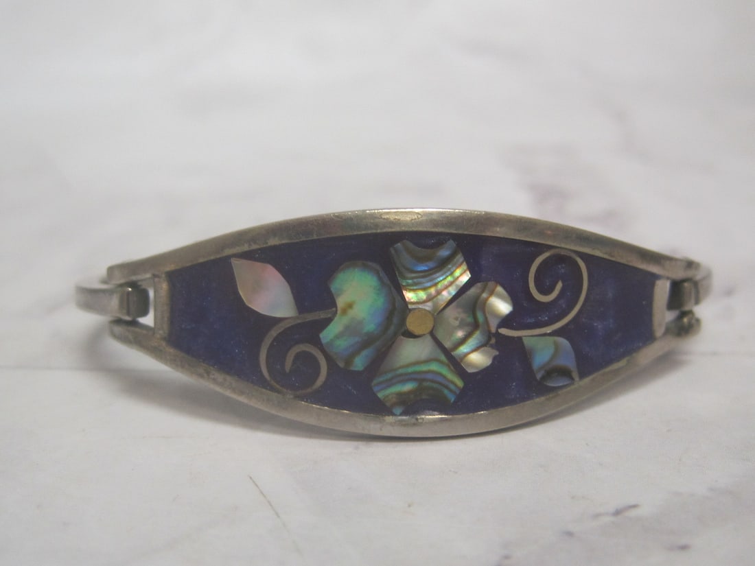 Alpaca Mexico Bracelet with Purple & Mother of Pearl Stone Inlay: .