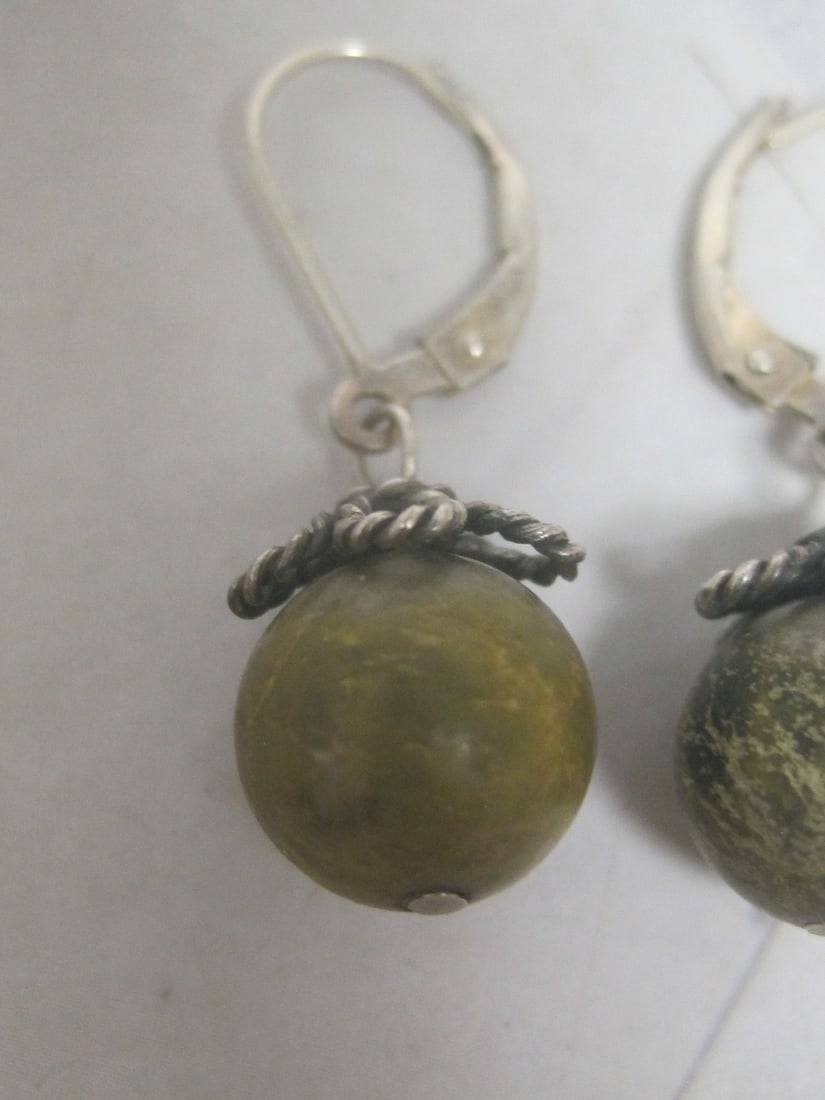 Sterling Silver Leverback Earrings with Green Bead Stones - 2