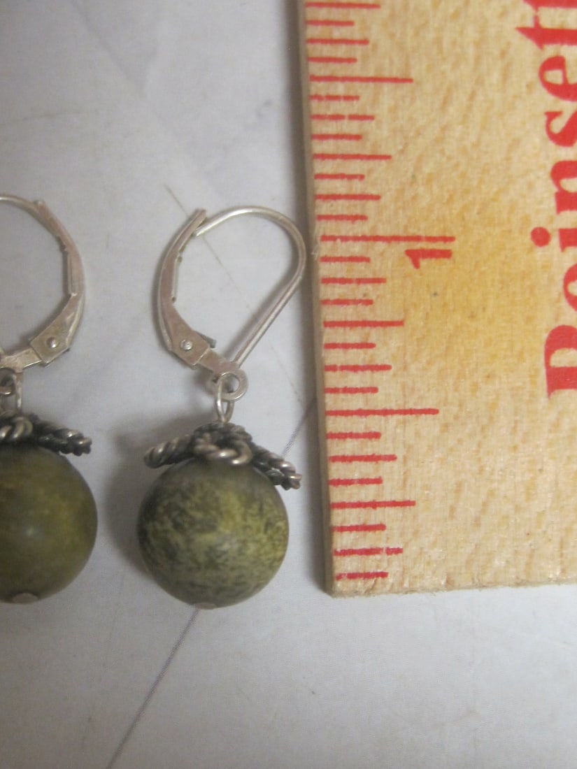 Sterling Silver Leverback Earrings with Green Bead Stones - 3