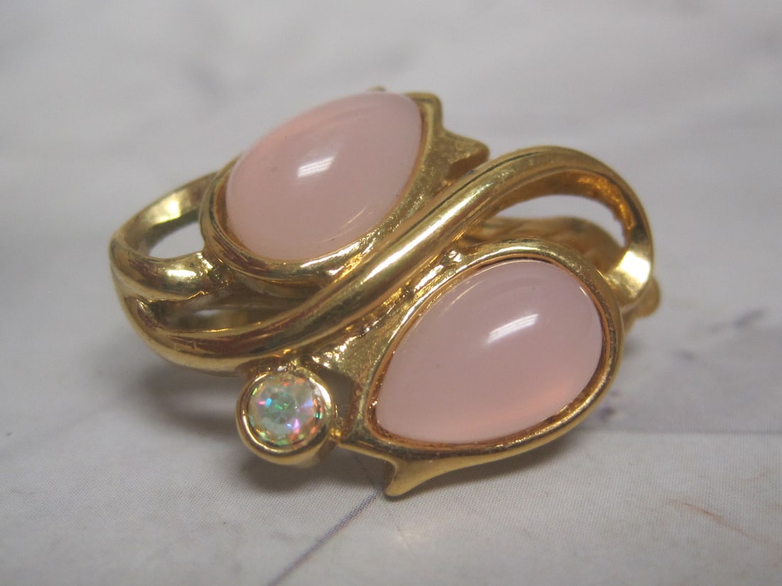 Vintage Trifari Clip-On Earrings with Pink Cabochon Stones & Rhinestones - 2