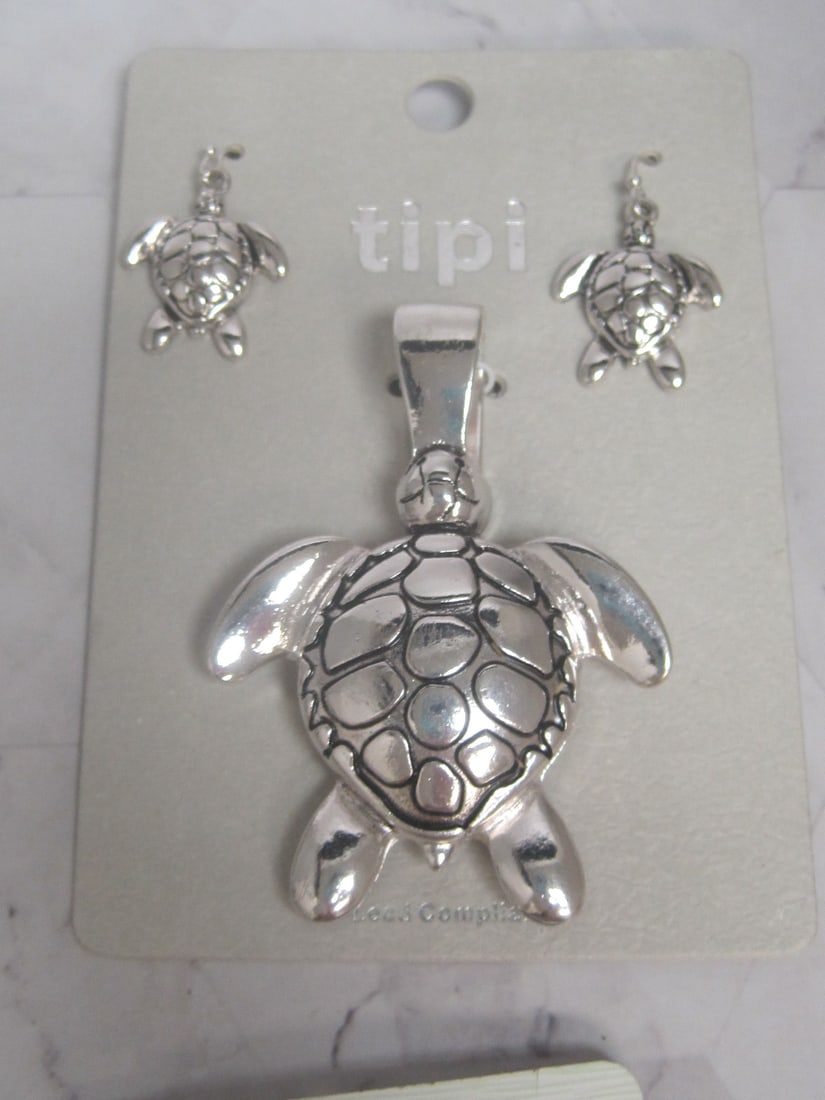 Silvertone Turtle Bracelet, Pendant, Pierced Earrings, & Necklace - 2