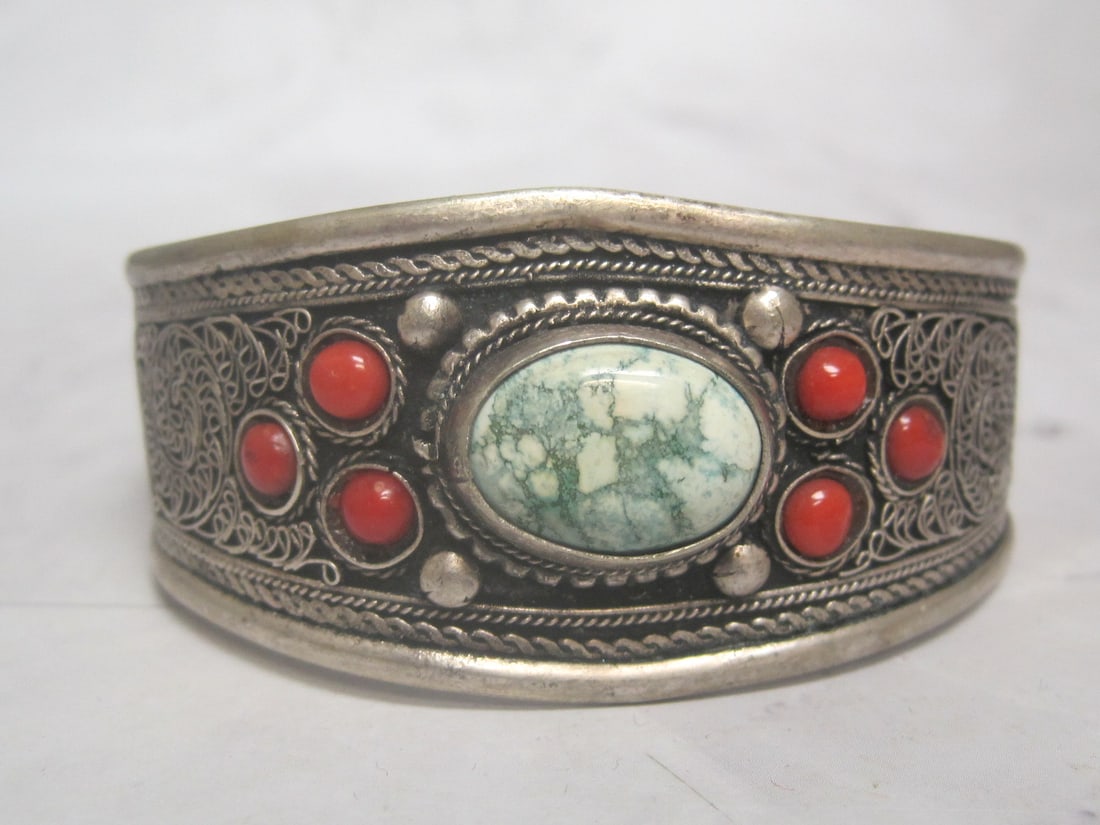 Turquoise & Coral Cuff Bracelet: Unmarked, Possibly sterling silver