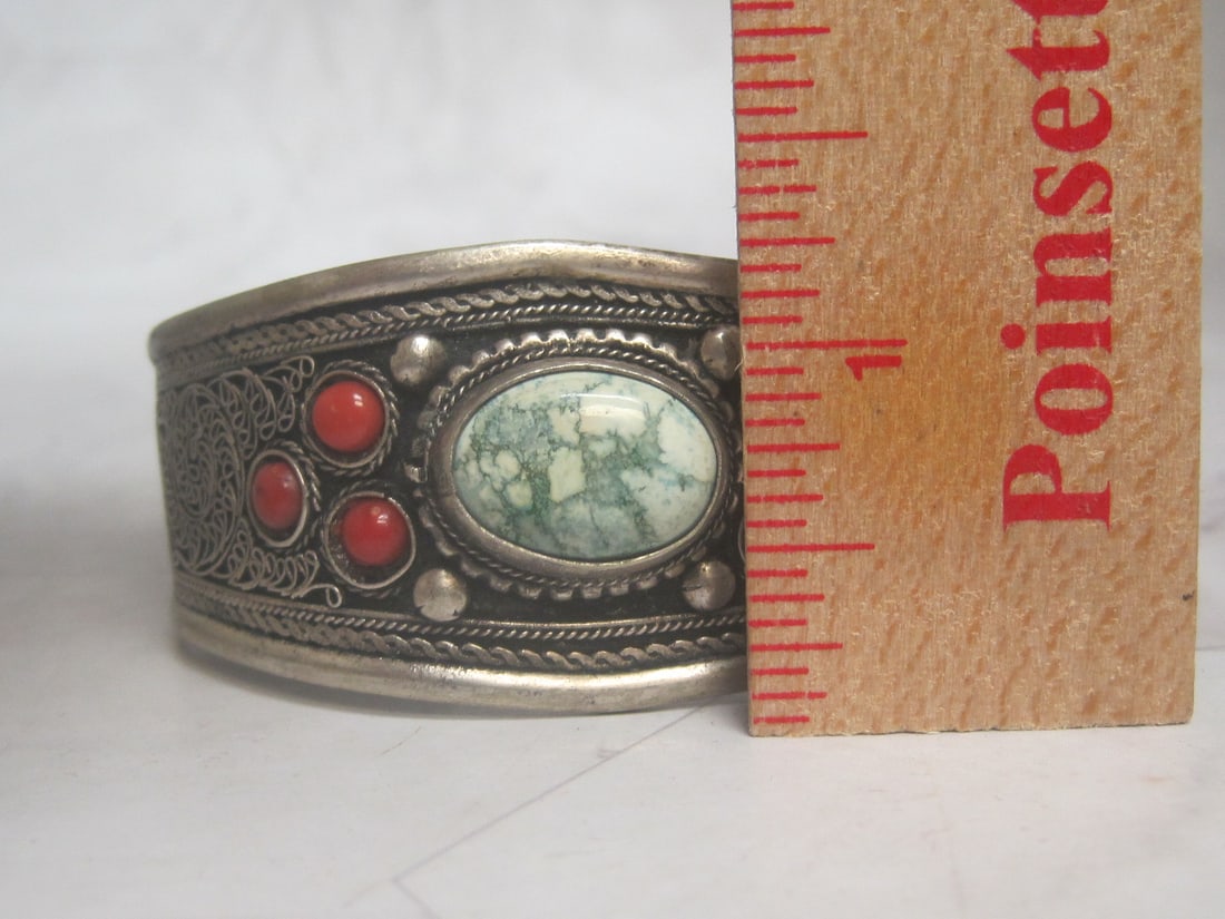 Turquoise & Coral Cuff Bracelet - 7