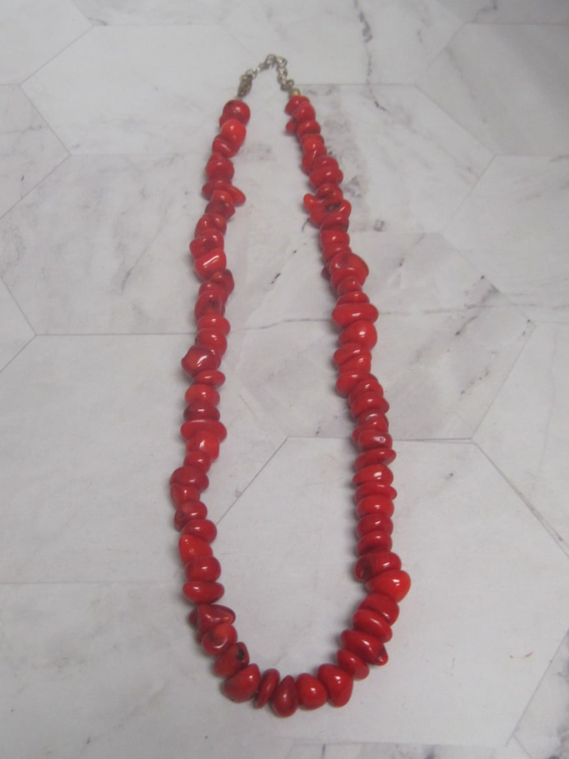 18" Red Coral Nugget Necklace with Sterling Silver Clasp: .