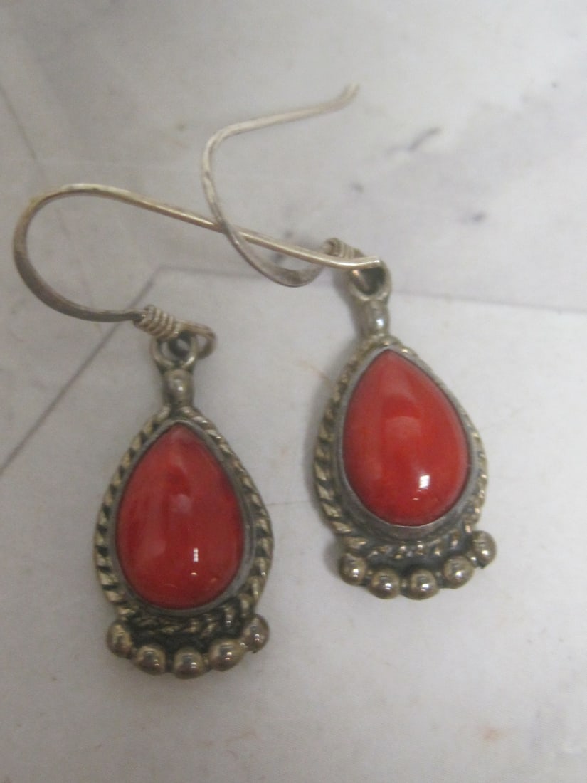 Sterling Silver Navajo Style Coral Earrings: Weighs 4.1 grams