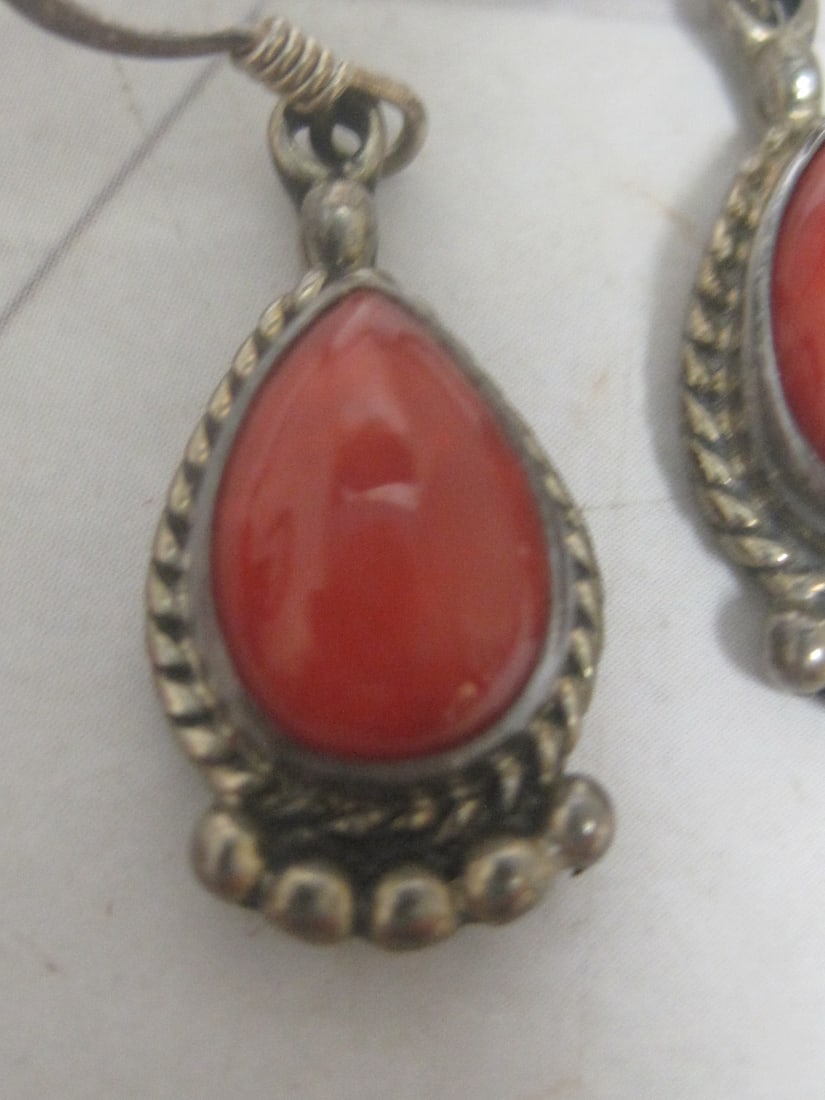 Sterling Silver Navajo Style Coral Earrings - 2