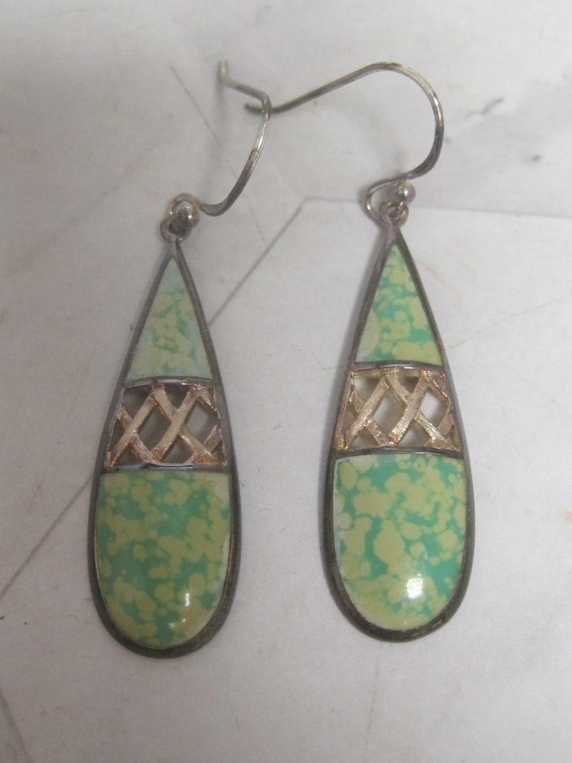 Sterling Silver Southwestern Style Dangle Earrings with Green Speckled Stones: Weighs 4.5 grams