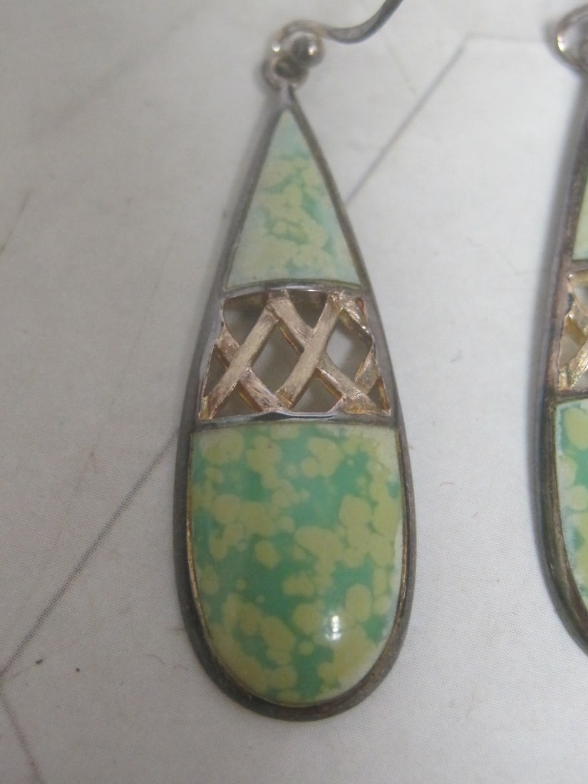Sterling Silver Southwestern Style Dangle Earrings with Green Speckled Stones - 2