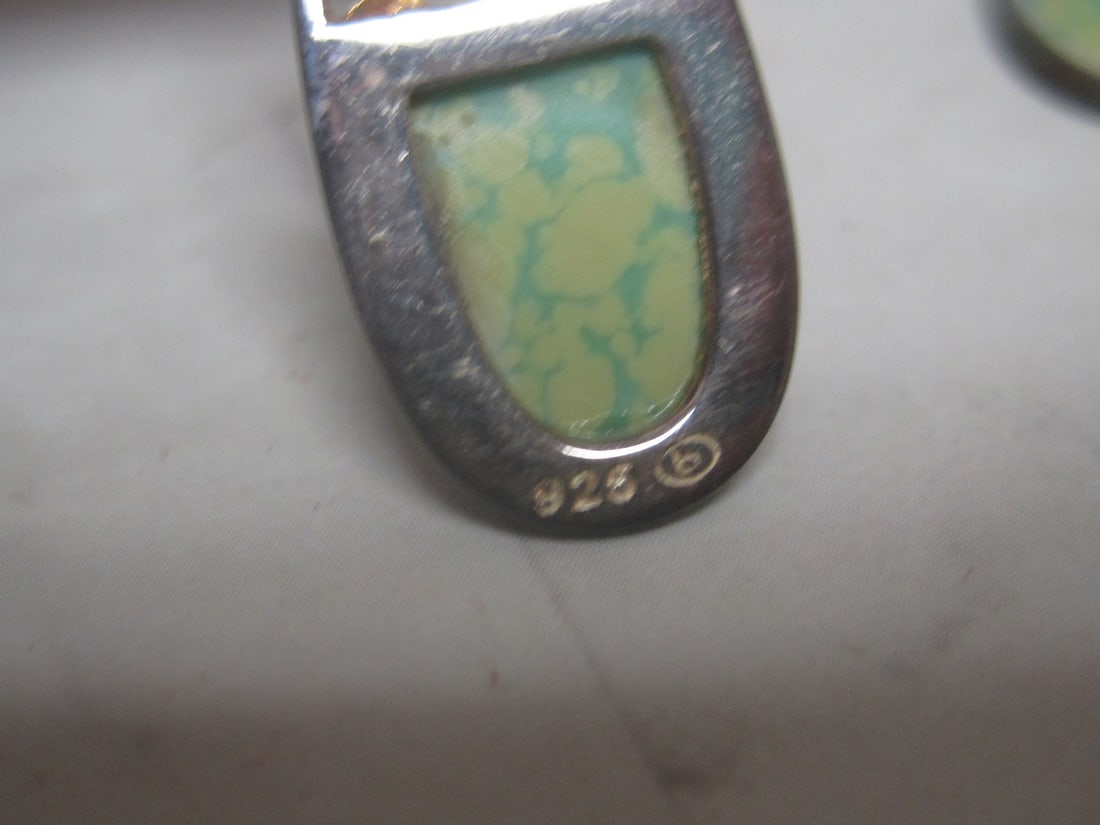 Sterling Silver Southwestern Style Dangle Earrings with Green Speckled Stones - 3