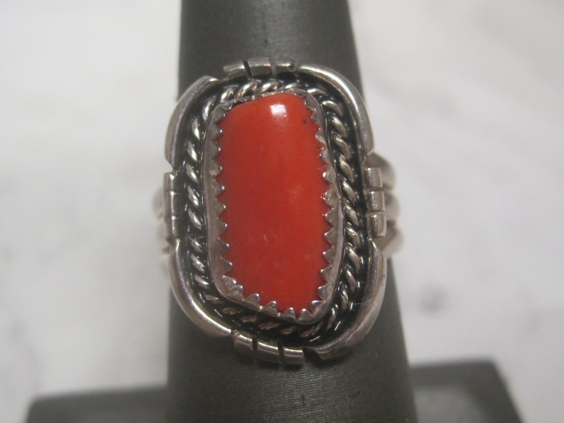 Sterling Silver Navajo Style Coral Ring: Weighs 7.3 grams, Size 7